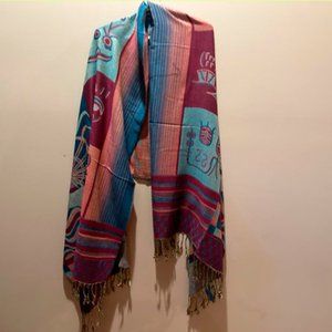 NWT Unique Dong Bariji made in Lijiang  aqua and burgundy shawl